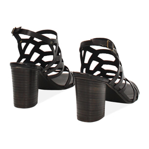Sandalo donna nero in vacchetta, tacco largo 7,5 cm