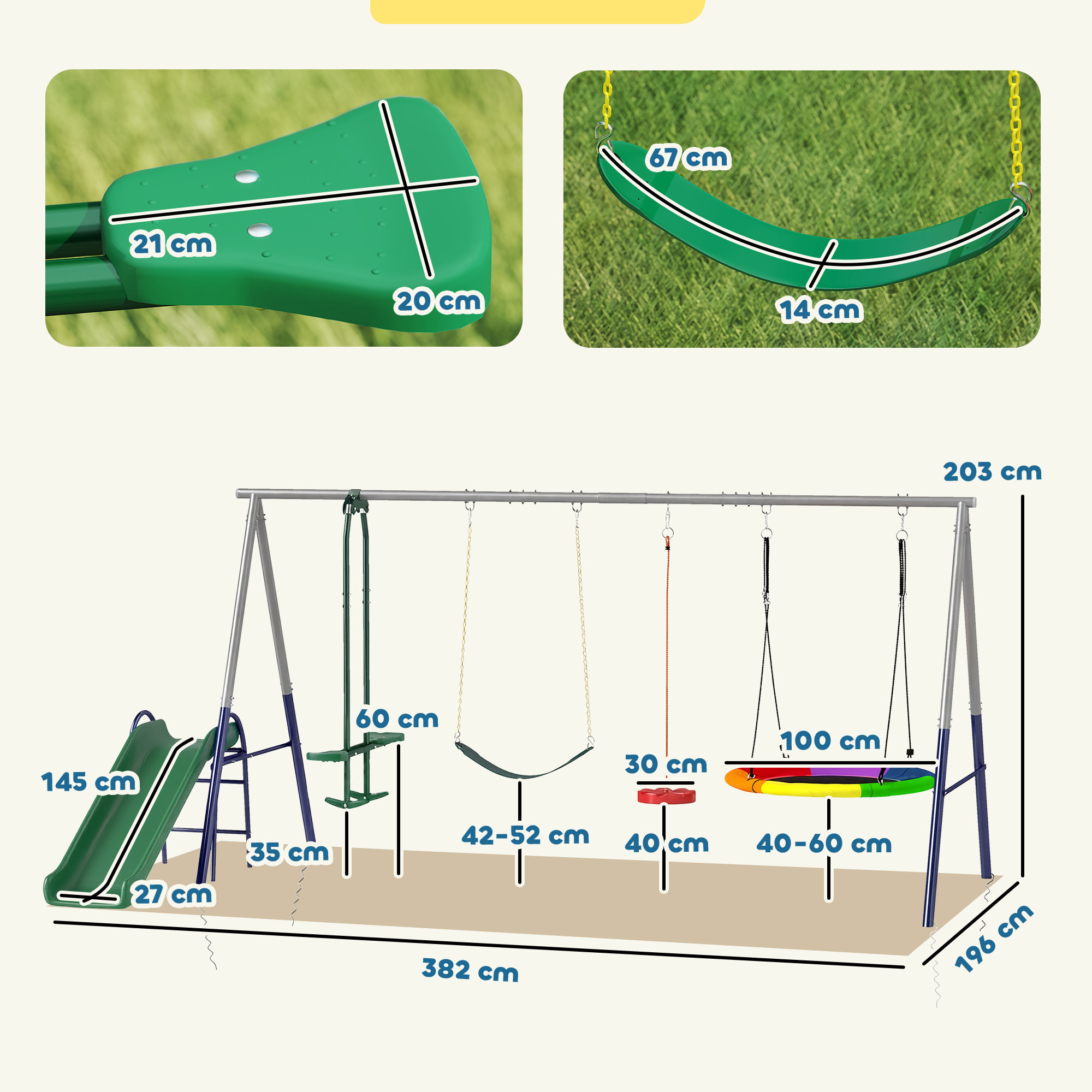 Balançoire aire de jeux 4+1 agrès acier gris bleu