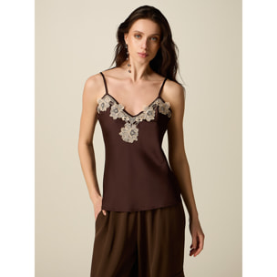 Oltre - Top in raso con pizzo a contrasto - Marrone