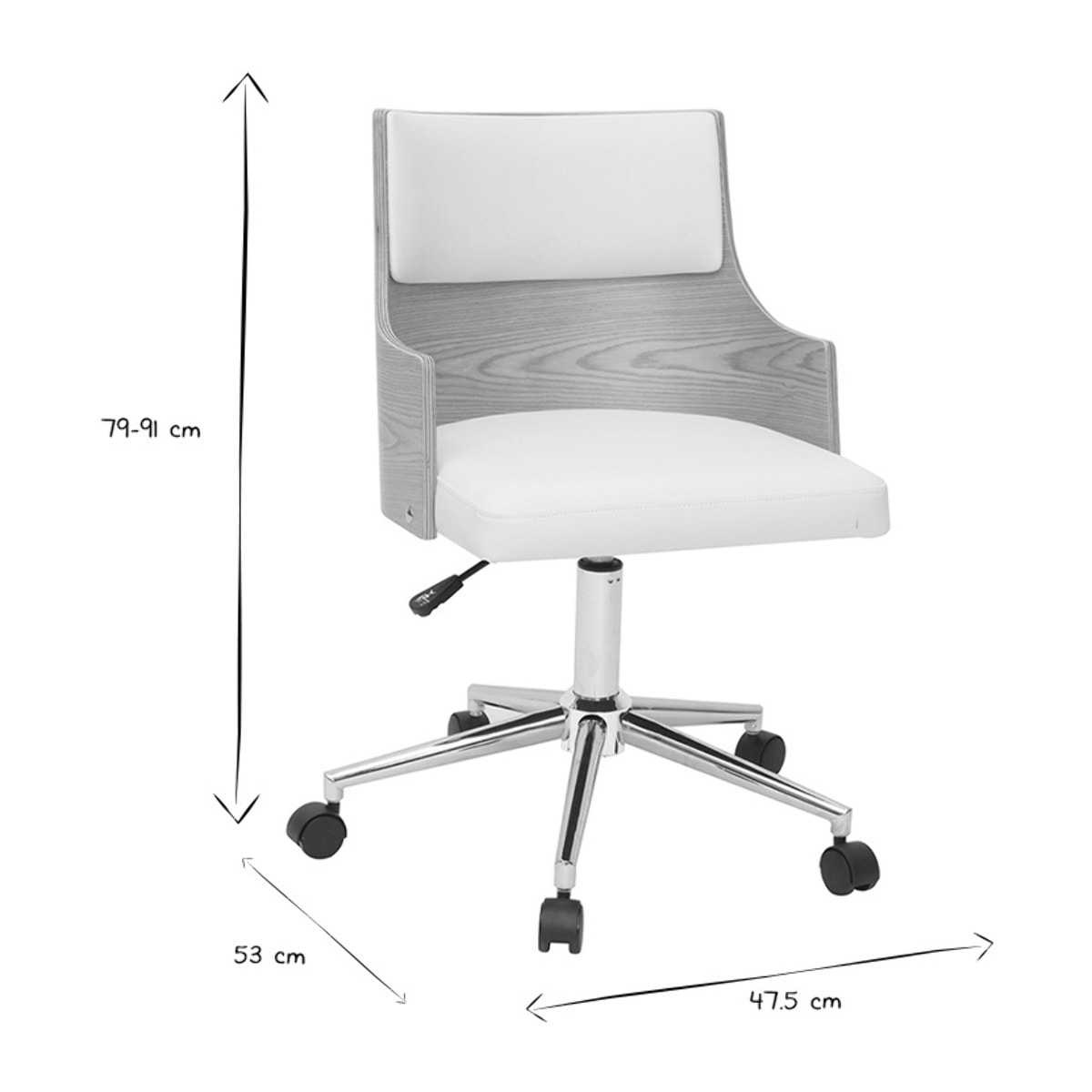 Chaise de bureau à roulettes design blanc, bois clair et acier chromé MAYOL