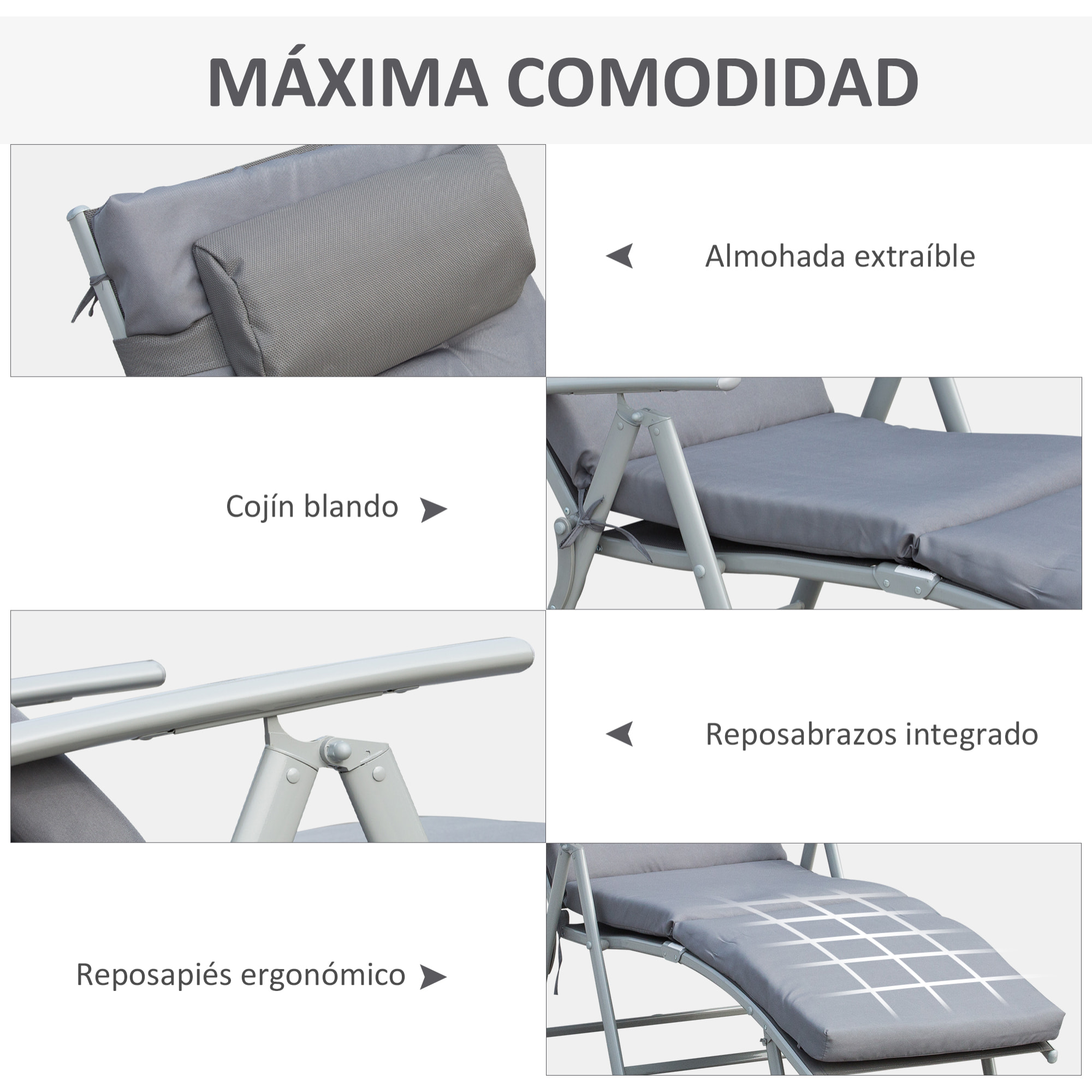 Tumbona Plegable de Jardín con Respaldo Ajustable en 7 Posiciones Terraza Gris