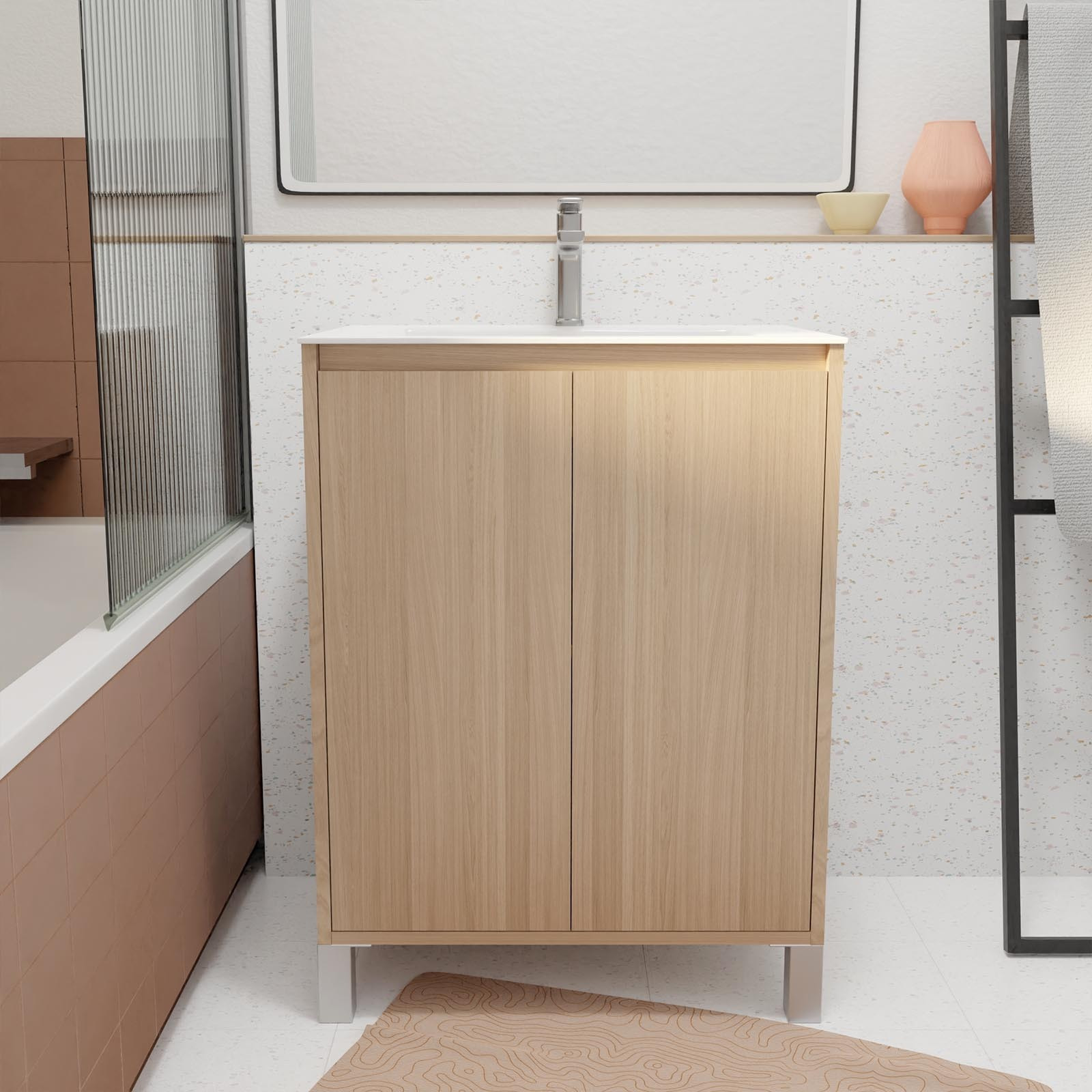 Pack Meuble Salle de Bains 60 cm Chêne Clair, 2 portes avec Vasque Céramique - XENOS