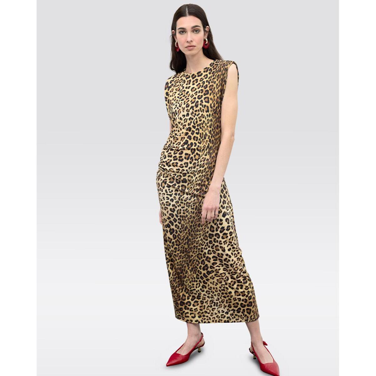 Abito midi aderente con drappeggio in stampa animalier