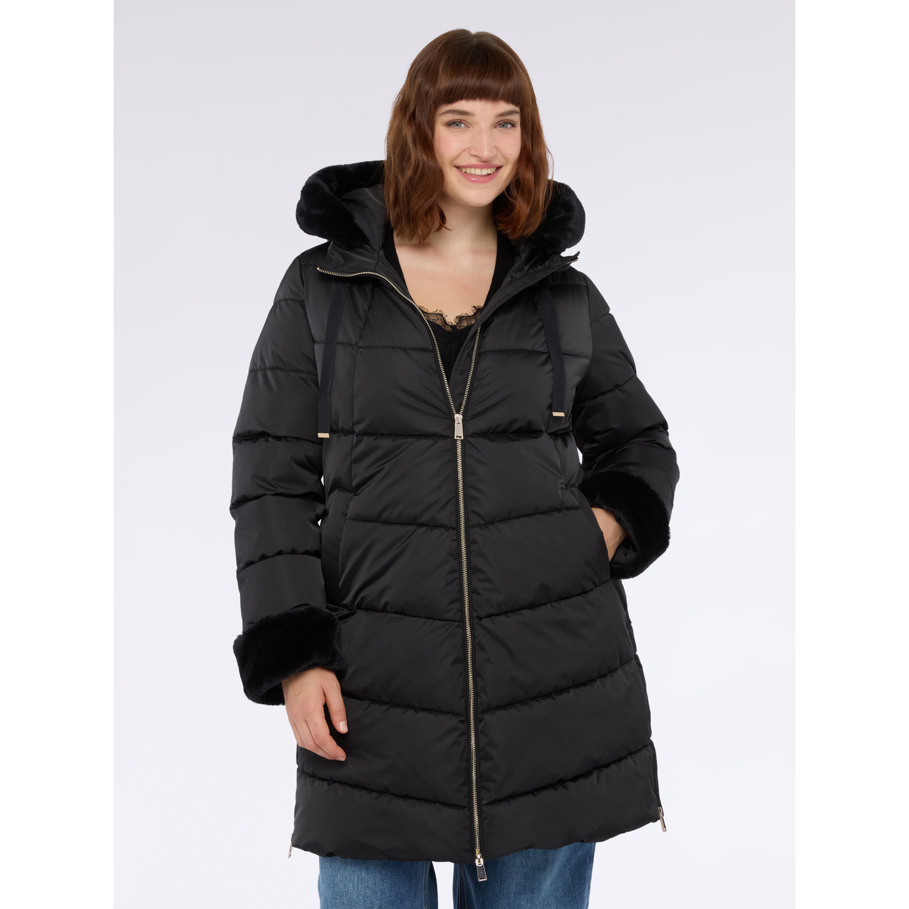 Fiorella Rubino - Plumífero largo con capucha e inserto de peluche - Negro