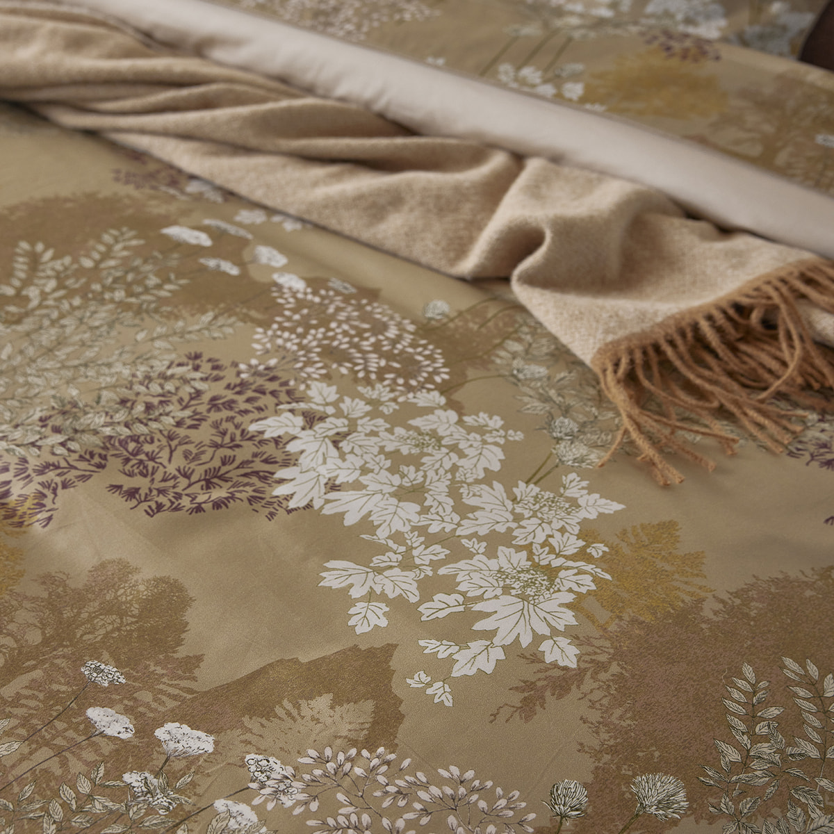 Housse de couette imprimée en satin de coton bio, LANDE, Jaune Mordore