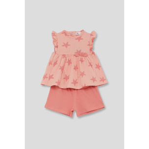 Conjunto blusa con volantes y estampado de estrellas de mar con shorts lisos | Color: Salmón | Street Monkey