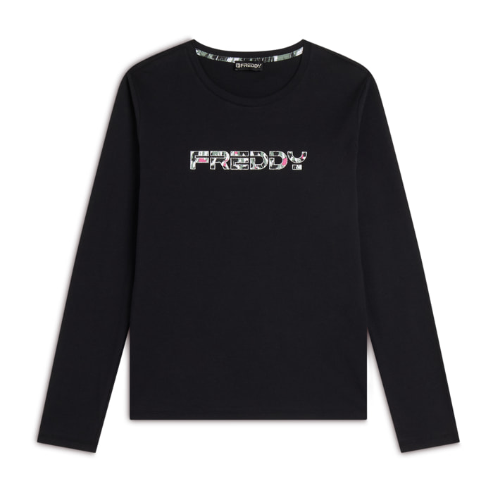 T-shirt donna manica lunga in jersey con logo maculato