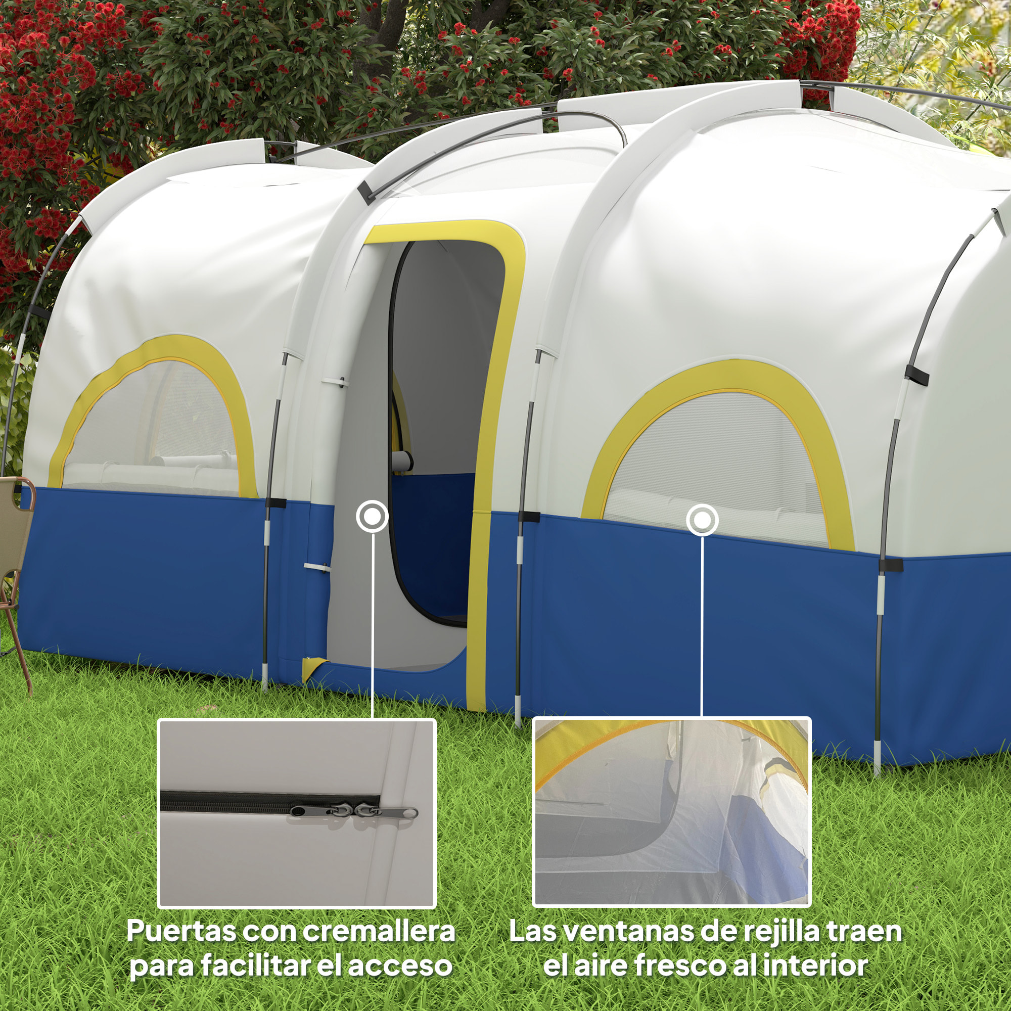 Tienda de Campaña Familiar tipo Túnel para de 4-6 Personas Impermeable 3000 mm Tienda de Camping Plegable con 2 Dormitorios Bolsa para Senderismo 435x251x195 cm Azul y Blanco