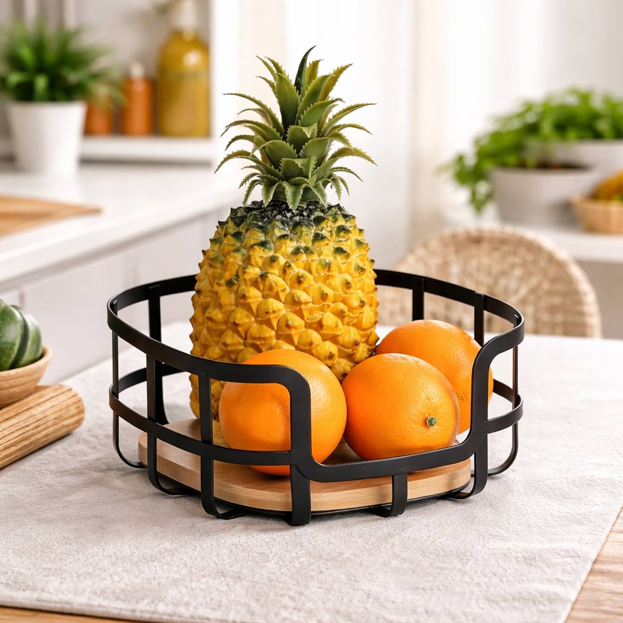 Frutero de estilo industrial 24x24,5x12cm en acero y bambú en color Negro