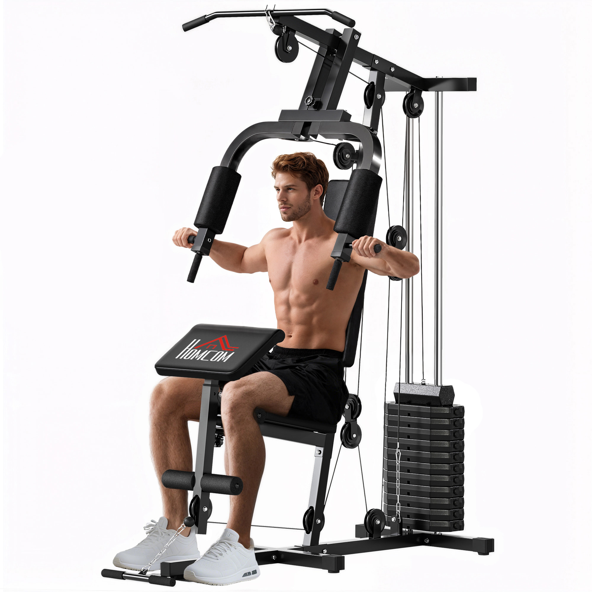 Multiestación Musculación, Máquina de Musculación con Prensa de Pecho, Placas de Peso 65 kg, Curl de Piernas y Brazos, Polea Mariposa, Carga 100 kg para Entrenamiento Casa Gimnasio Negro
