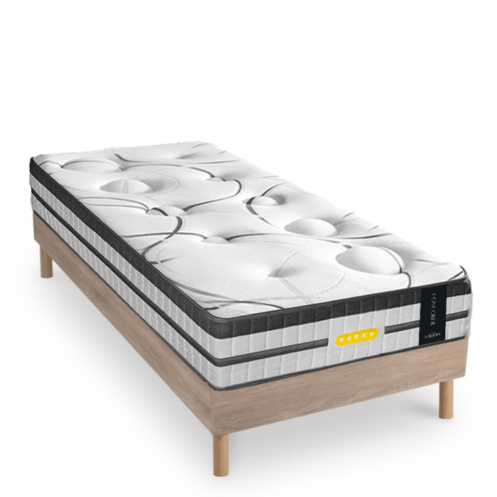 Ensemble Matelas Hybride Concorde & Sommier Bois, Ressorts Ensachés & Mémoire de Forme, 26 cm, Technologie Tri-lattes, Soutien Ferme