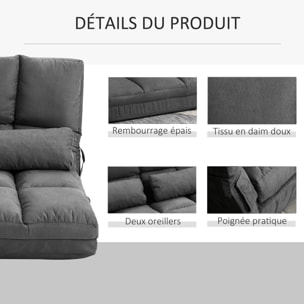 Chauffeuse - fauteuil convertible - inclinaison dossier réglable 14 positions - 2 coussins inclus - suédé anthracite