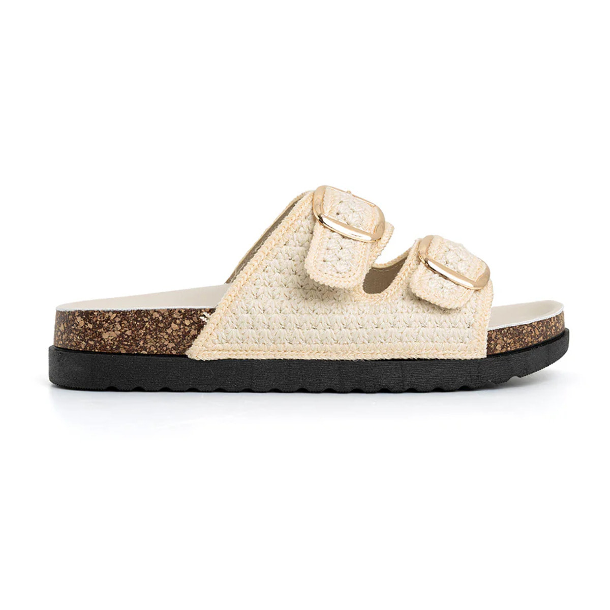 Ciabatta comfort in tessuto con doppia fibbia - BEIGE