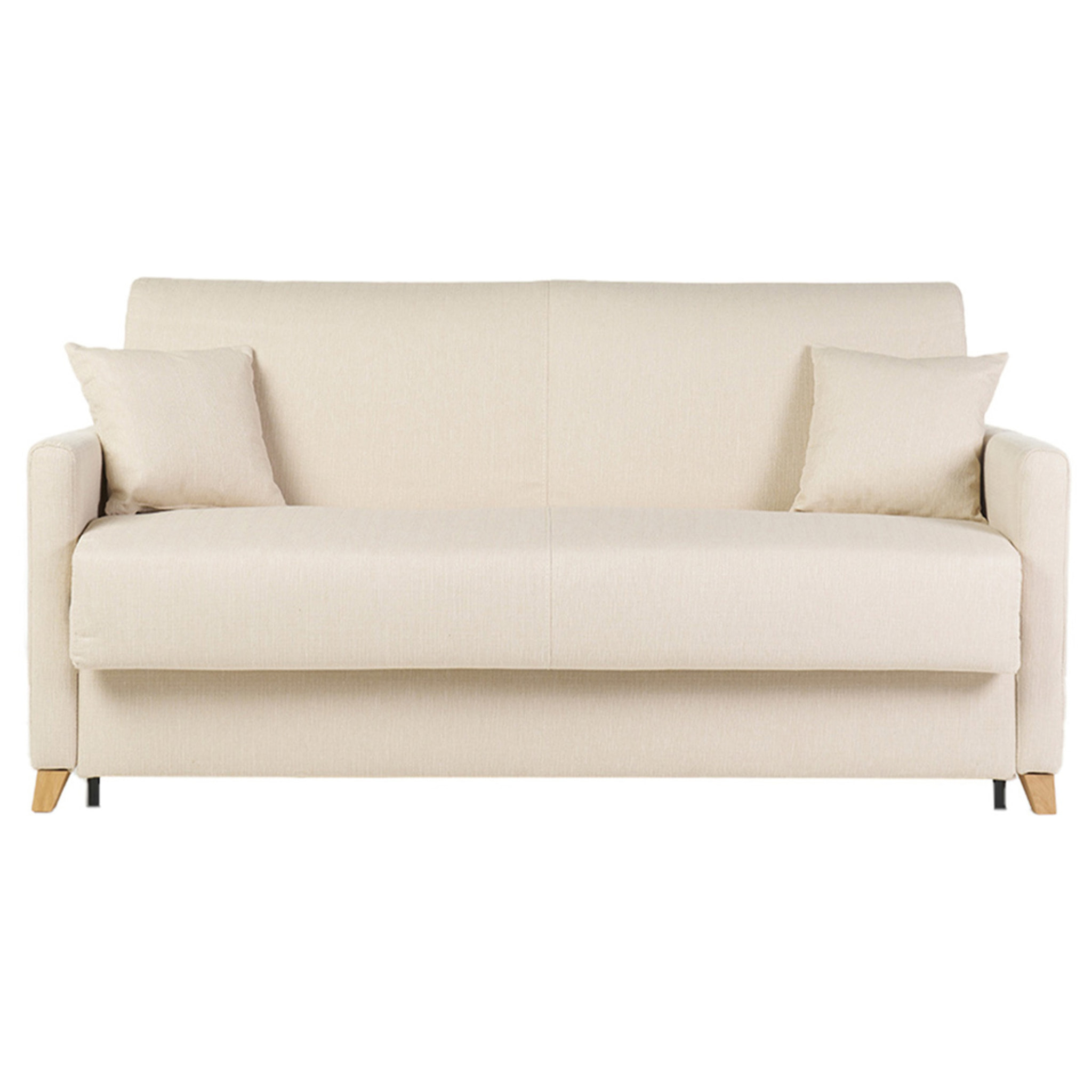 Canapé convertible 3 places en tissu beige et bois clair avec matelas 18 cm SKANDY