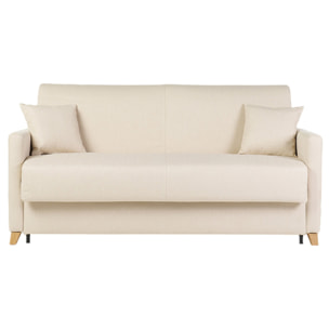 Canapé convertible 3 places en tissu beige et bois clair avec matelas 18 cm SKANDY