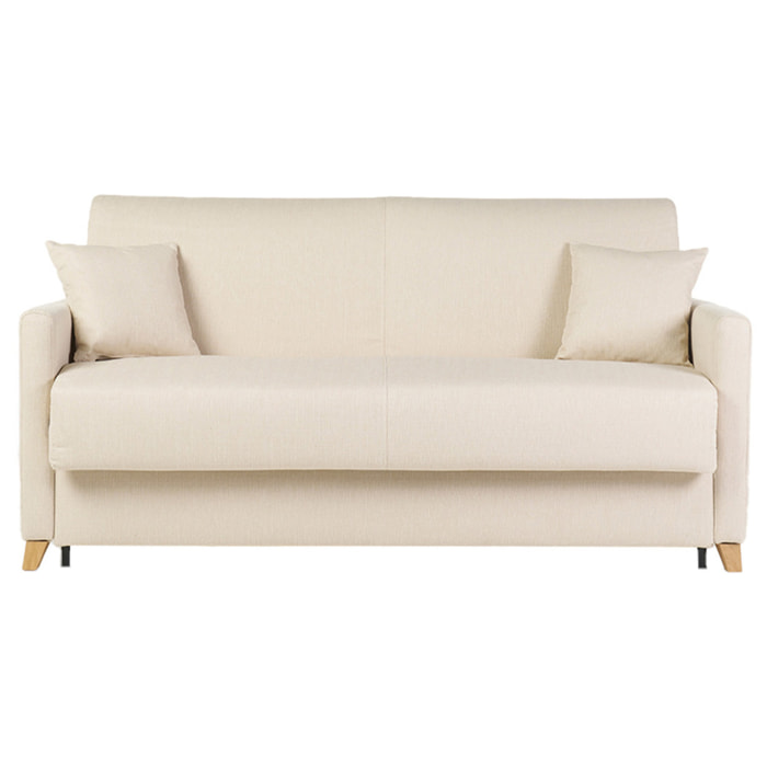 Canapé convertible 3 places en tissu beige et bois clair avec matelas 18 cm SKANDY