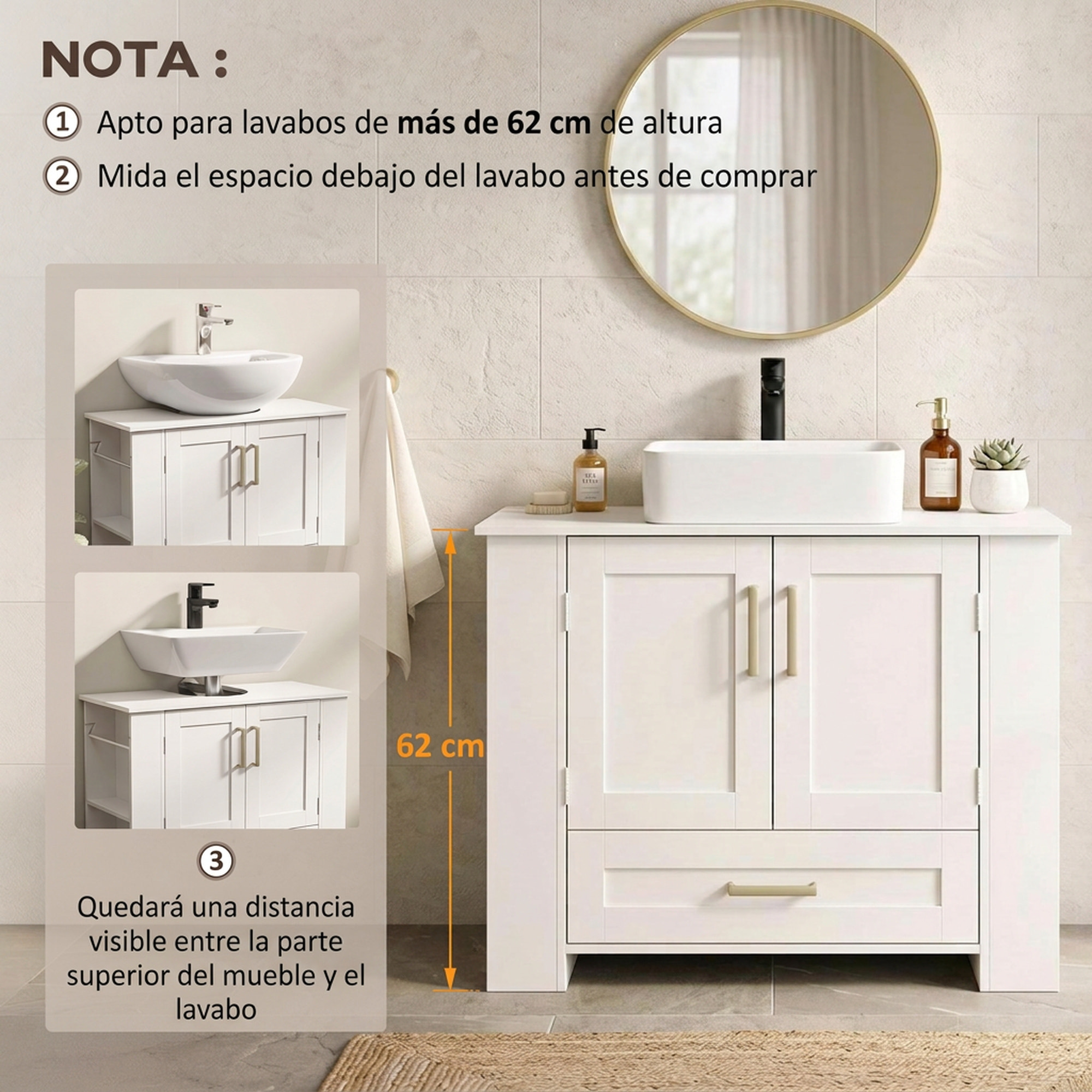 HOMCOM Mueble Bajo Lavabo, Mueble de Baño con Estantes en la Puerta, Portarrollos, Cajón, Compartimentos Abiertos, para Lavabo sin Pedestal, 80x30x62 cm, Blanco