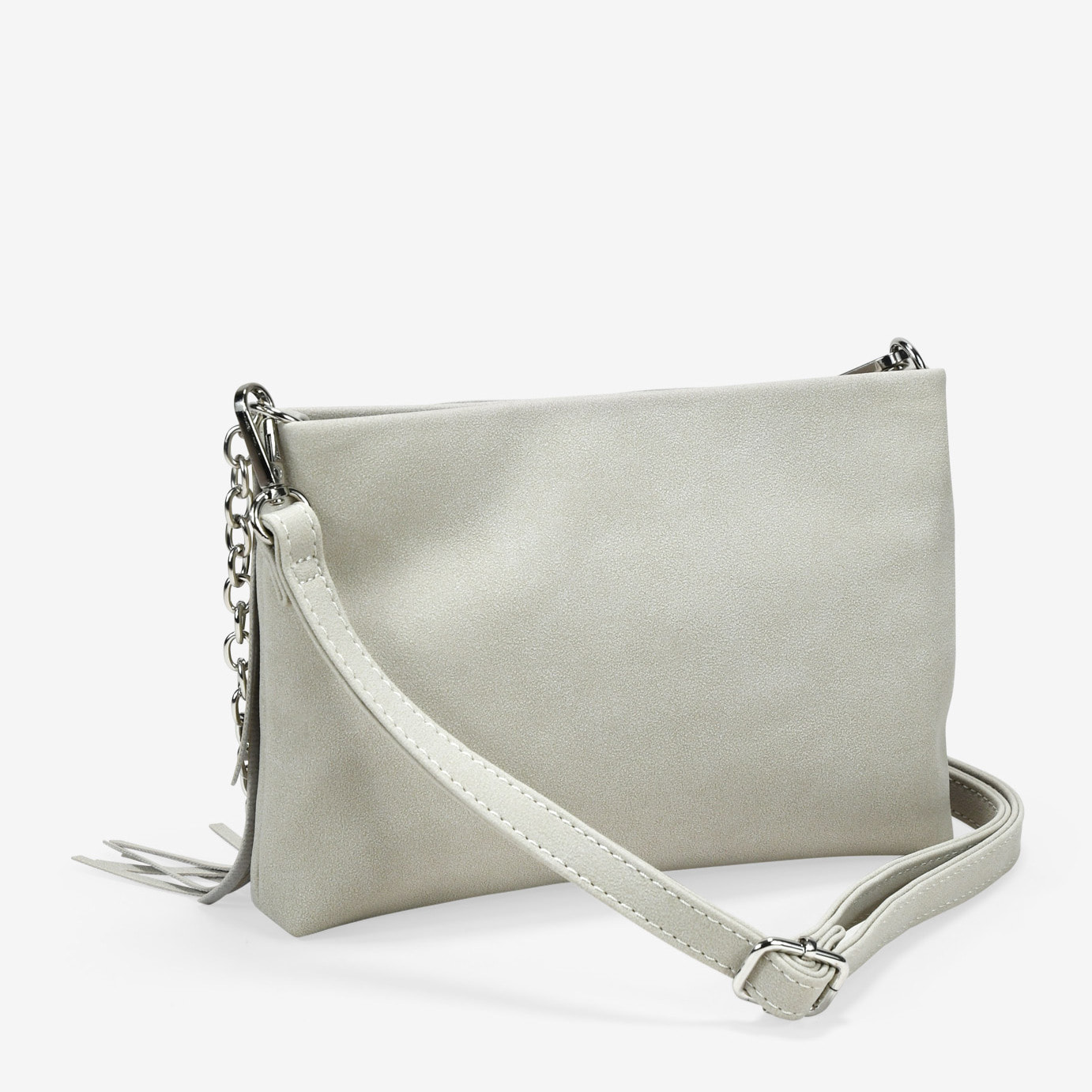 Bolso de hombro beige con flecos y cadena