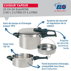 Autocuiseur vapeur en acier inoxydable 18/10 22 cm 3 à 6 litres Elo Praktika Plus XL