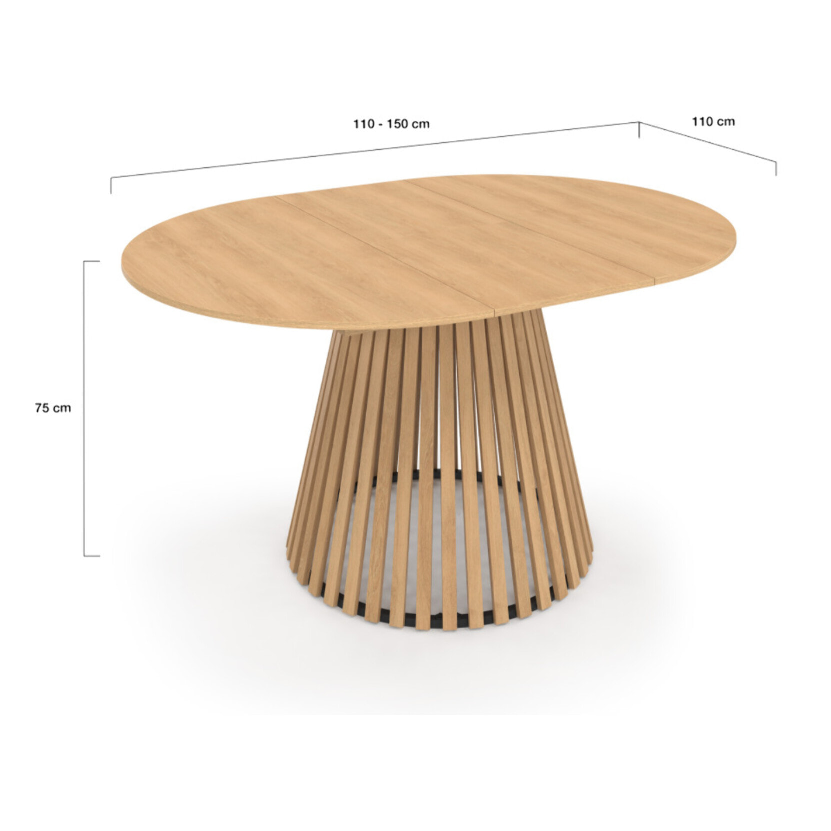 Tables repas Camélia plateau rond extensible 110-150cm et pieds lattes - Bois