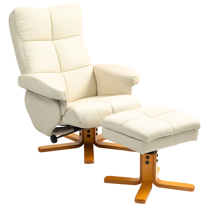 Fauteuil relax inclinable style contemporain repose-pieds coffre rangement revêtement synthétique acier bois crème