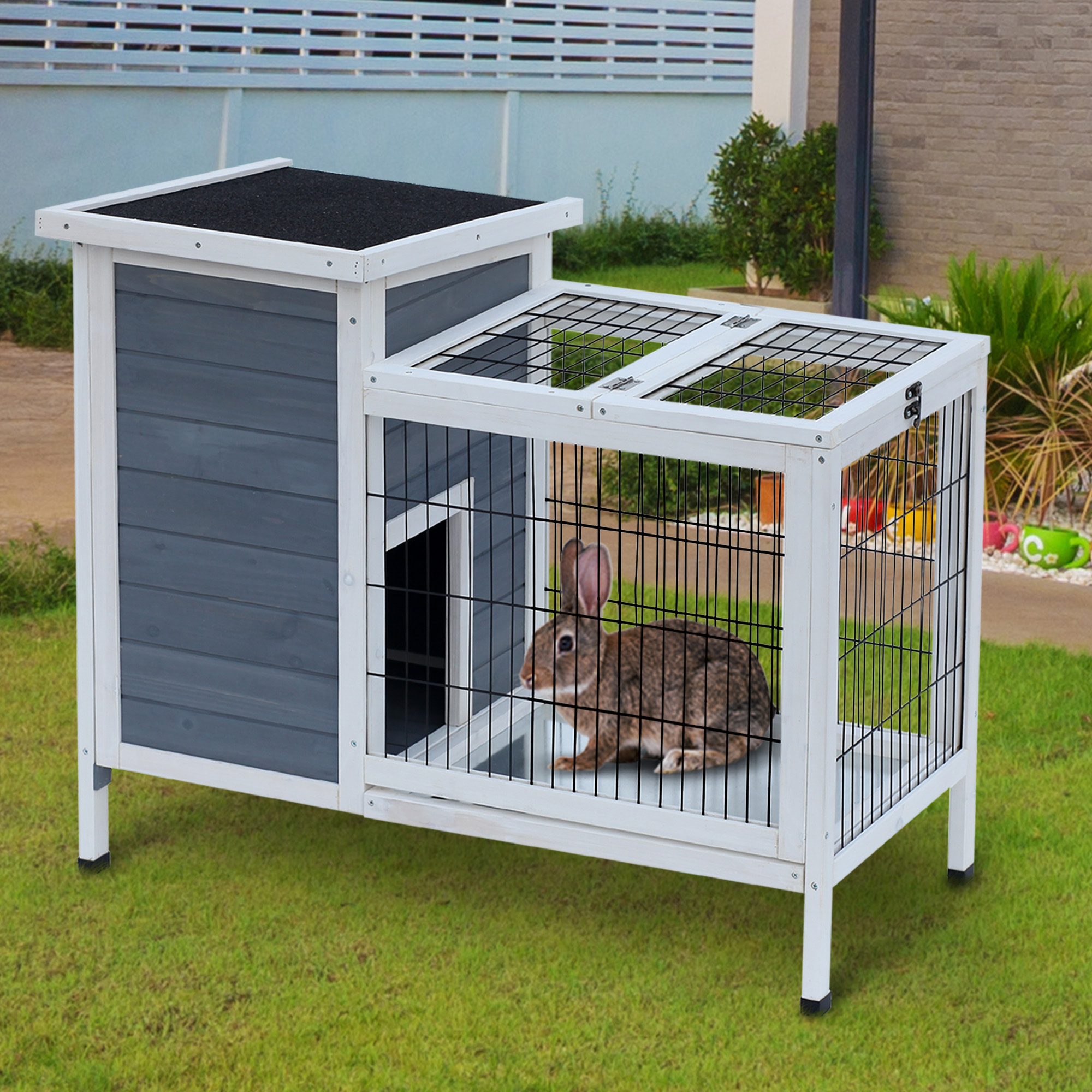 Clapier sur pieds cage à lapin avec niche intérieure plateau excrément coulissant porte supérieure 92L x 51l x 76H cm gris blanc