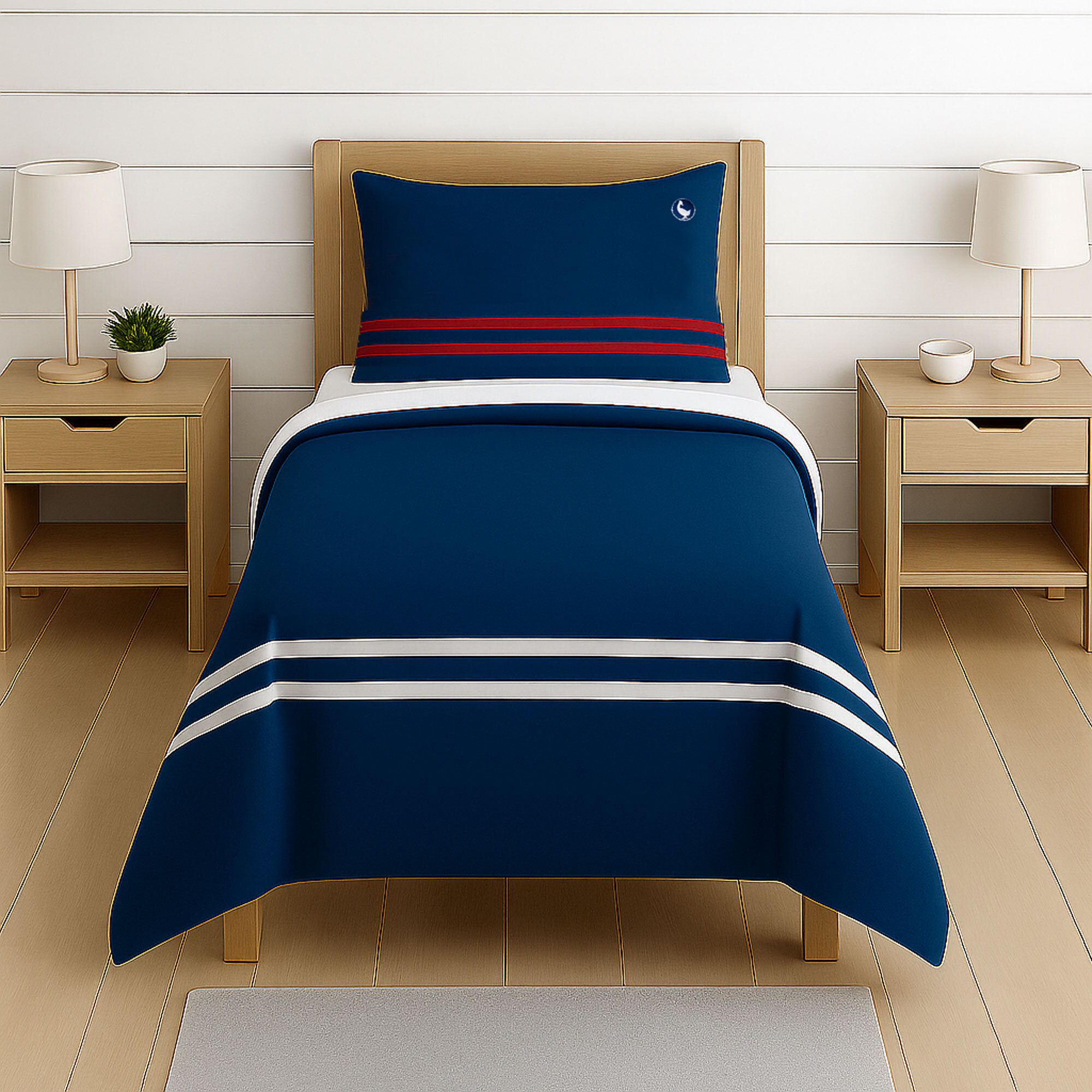 Juego de 3pzs color azul marino (funda nórdica individual 155x200+30cm + sábana bajera 90x200+30cm + funda cojín 45x115cm) 100% algodón 180tc el ganso