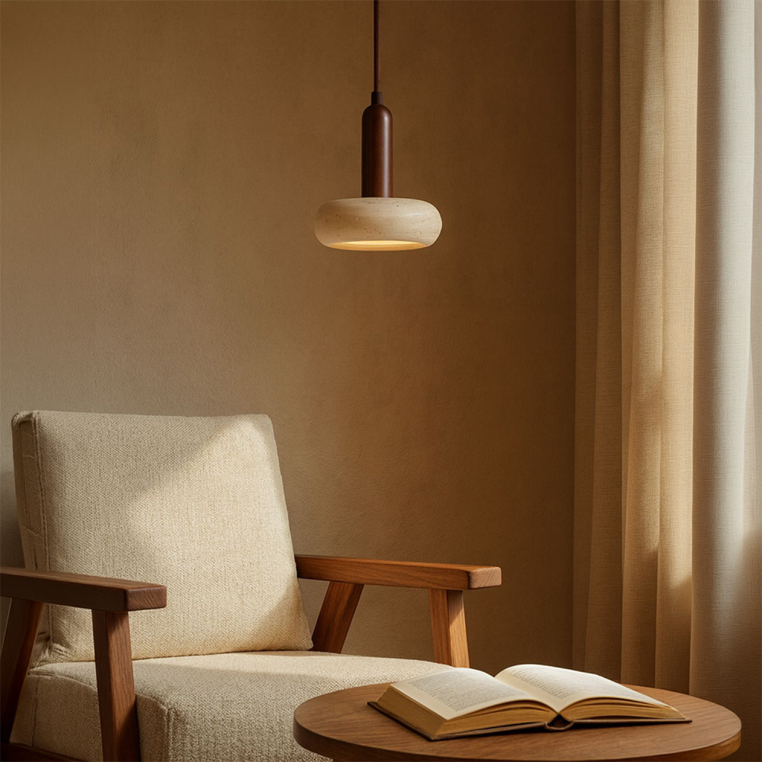 Suspension design cylindrique en travertin et bois effet noyer TIVOLI