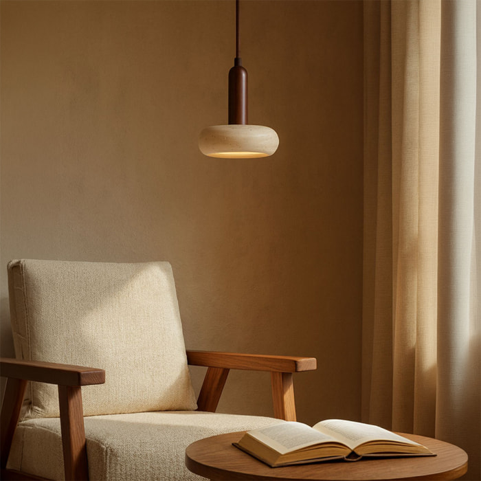 Suspension design cylindrique en travertin et bois effet noyer TIVOLI