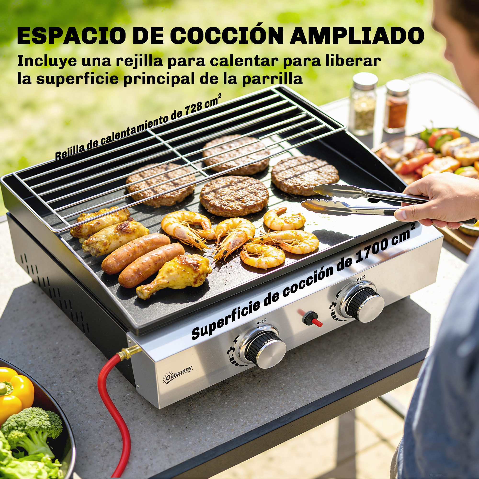 Barbacoa de Gas BBQ Gas con 2 Quemadores 5 kW, Barbacoa Portátil con Plancha, Rejilla Calentadora y Recogedor Grasa, para Camping, Picnic, Terraza, Negro