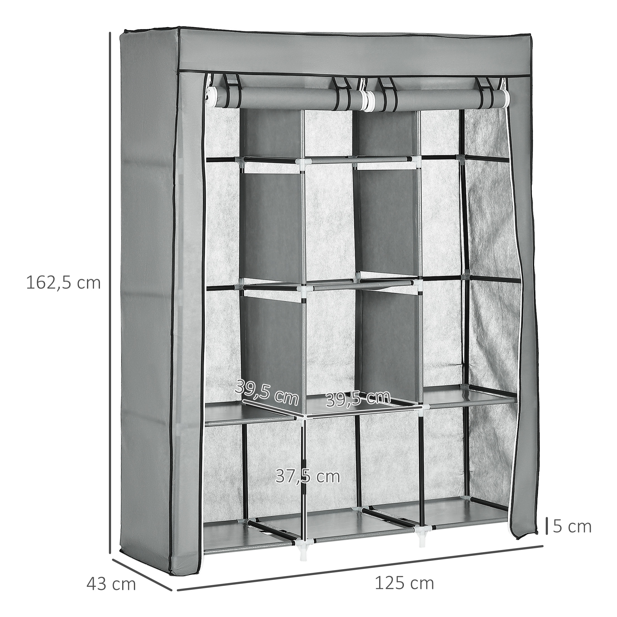 HOMCOM Armario de Tela Plegable Armario Portátil con 8 Estantes de Almacenaje y 2 Barras para Colgar Organizador de Ropa para Dormitorio Vestidor 125x43x162,5 cm Gris Claro