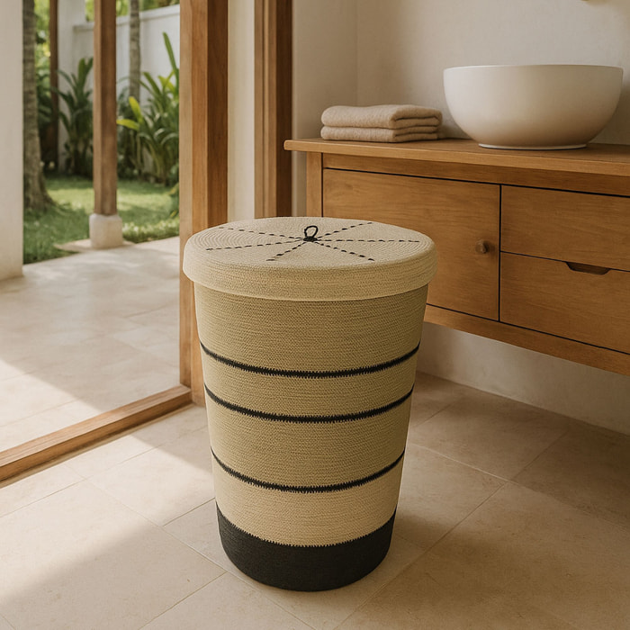 Panier à linge en jonc de mer naturel et noir h57cm GRENADA