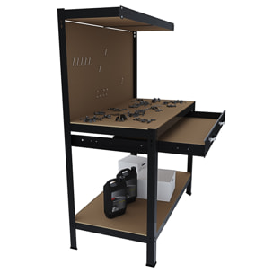 Banco Tavolo Da Lavoro 3 Livelli 120 x 60 Cm Max 370 Kg Cassetto Parete Pannello Forato Porta Attrezzi Utensili Garage Officina Cantina Magazzino Nero