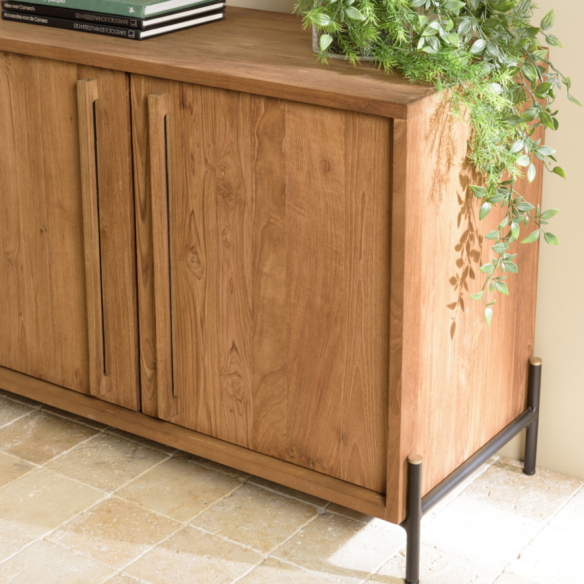 ALIDA - Buffet 3 portes en bois de teck recyclé pieds en métal noir