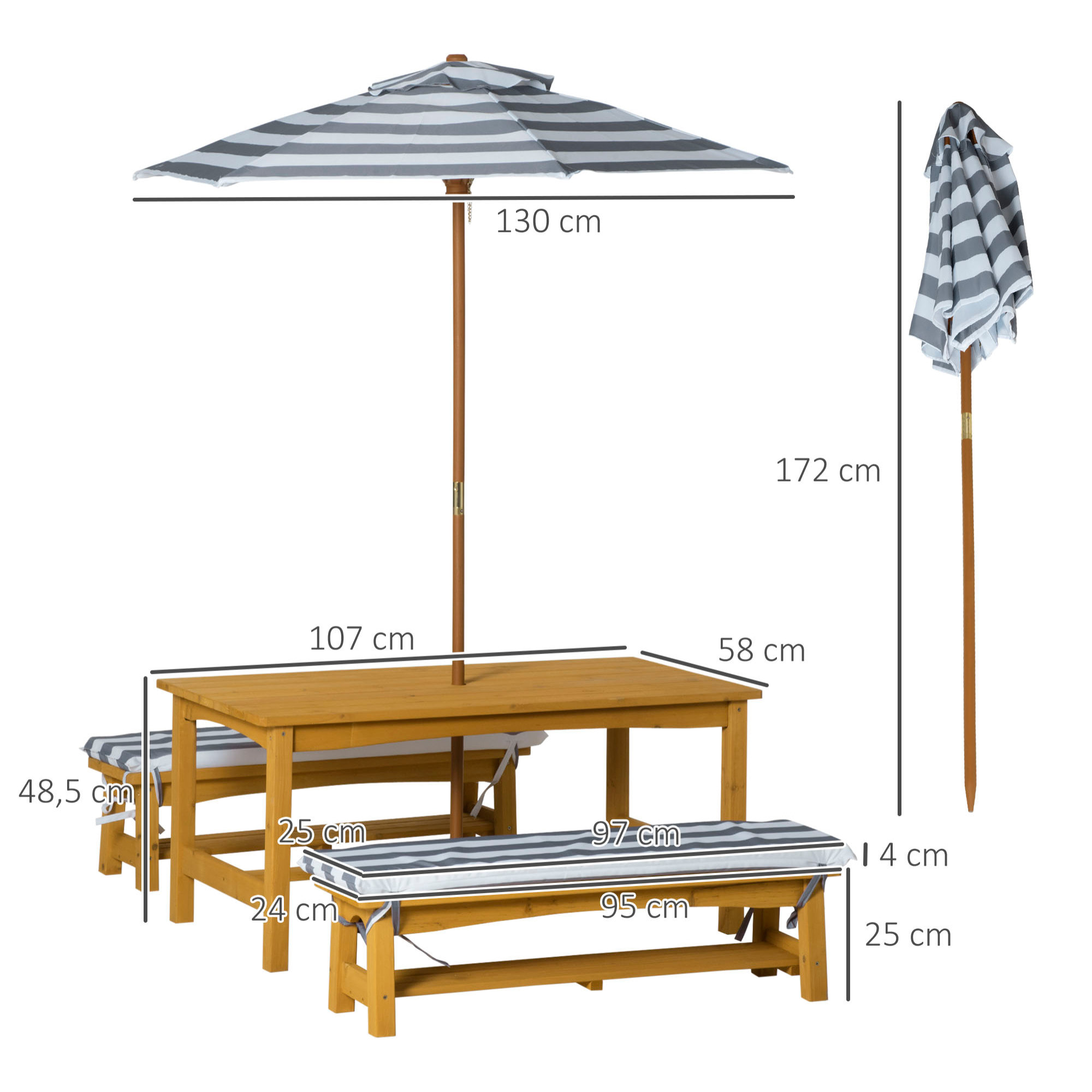 Ensemble salon de jardin enfant 4 pièces style pique-nique - 2 bancs, table, parasol - sapin lasuré miel polyester gris blanc rayé