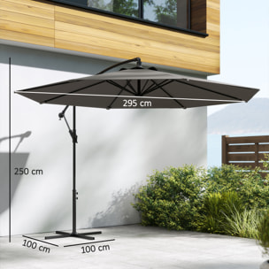 Parasol Excéntrico, Ø300 cm, Sombrilla de Jardín con Base Cruzada, Toldo Ajustable, Manivela, 8 Barras, UPF30+, para Terraza, Patio, Exterior, Gris
