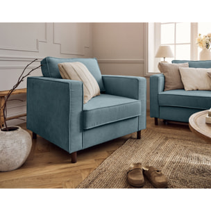 Jake - fauteuil en velours côtelé - pieds bois foncé - Bleu