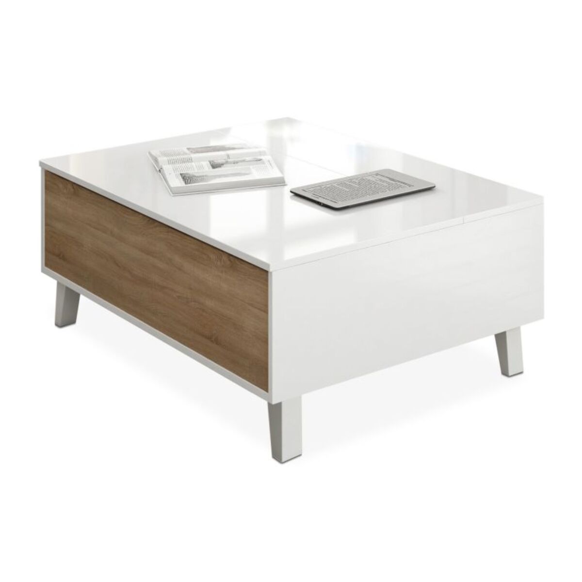 Mesa de centro elevable Niva Blanco Brillo - Roble Canadian
