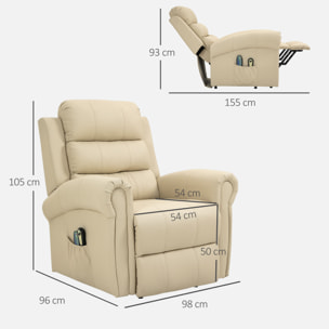 Sillón Relax Reclinable Eléctrico Levanta Personas, con Masaje Vibratorio y Calor, Sillón Elevador, con Control Remoto, Reposapiés, Tapizado en PU, Bolsillos Laterales, Crema