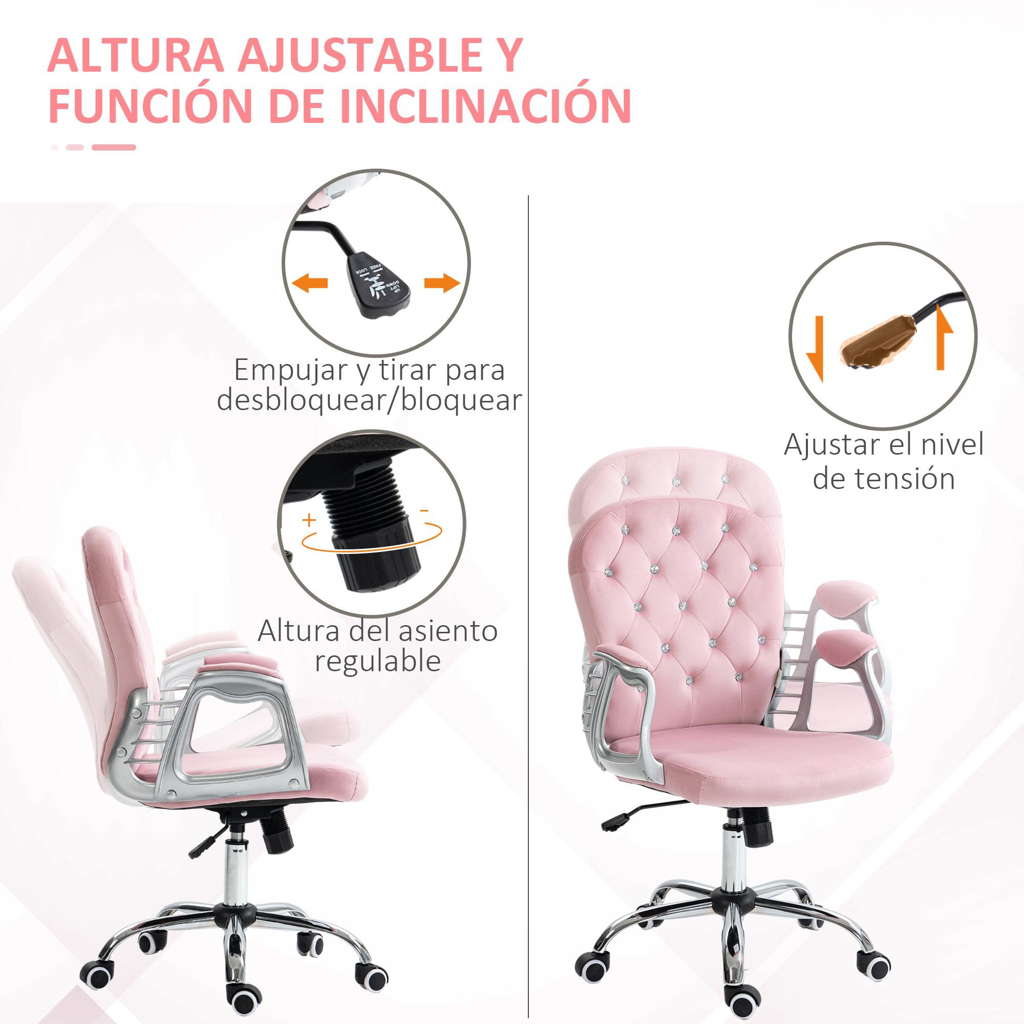 Silla de Escritorio Tapizada en Terciopelo Silla Giratoria con Altura Ajustable Reposabrazos y Decoraciones de Diamantes Carga 120 kg Silla para Estudio Dormitorio 59,5x60,5x93-103 cm Rosa