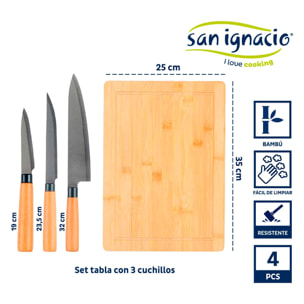 Set tabla bambu con 3 cuchillos p queso colección kinvara