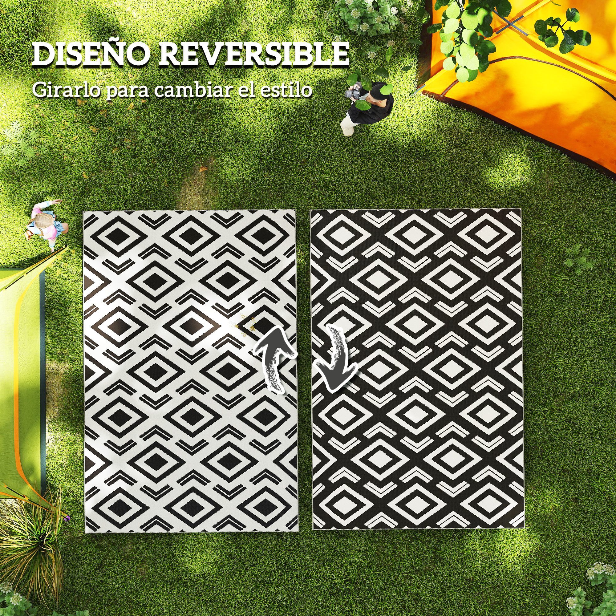 Alfombra de Exterior 182x274 cm Alfombra Reversible con Patrón Geométrico Impermeable Bolsa de Transporte para Terraza Balcón Patio Camping Playa Blanco y Negro