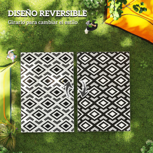 Alfombra de Exterior 182x274 cm Alfombra Reversible con Patrón Geométrico Impermeable Bolsa de Transporte para Terraza Balcón Patio Camping Playa Blanco y Negro