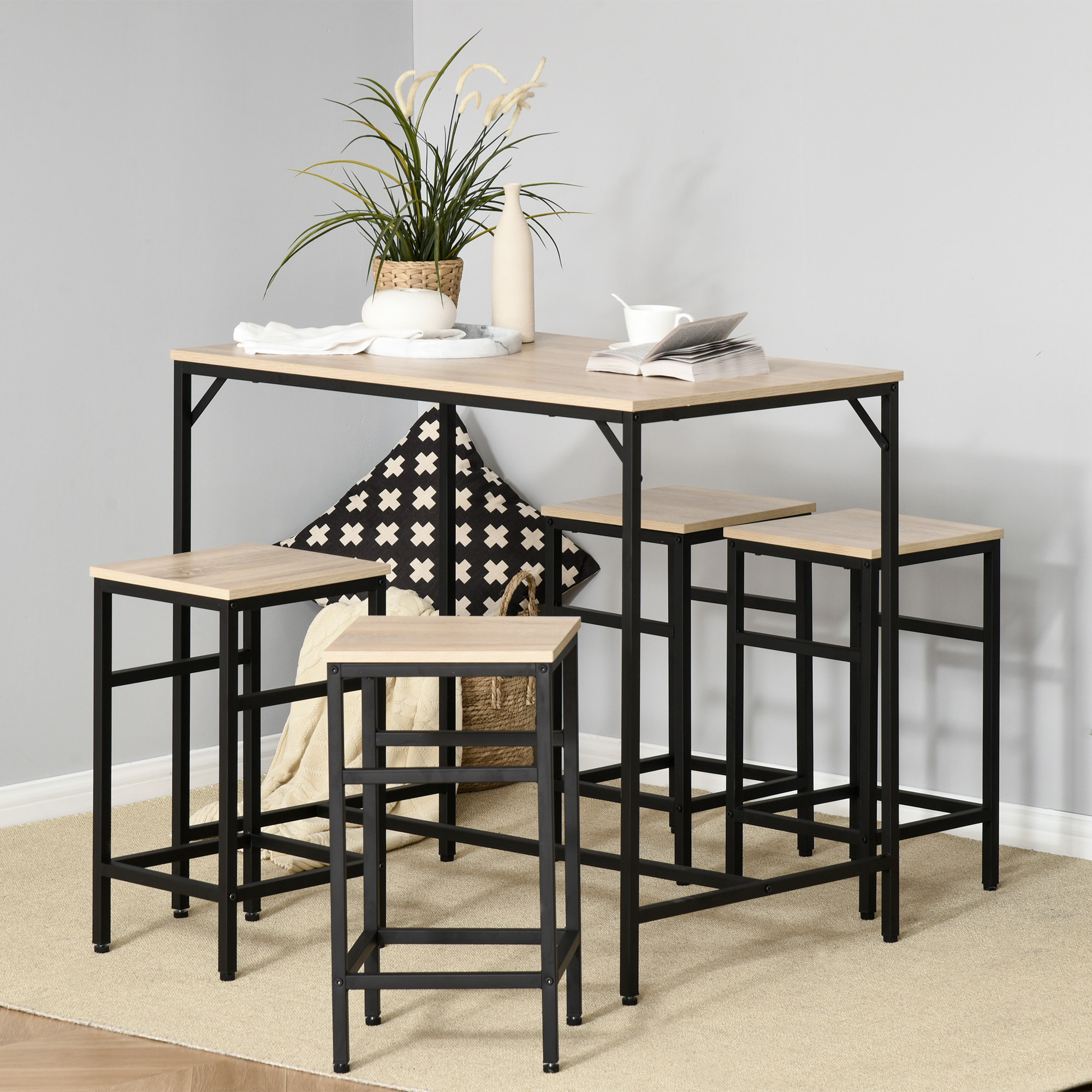 Ensemble table de bar design industriel + 4 tabourets repose-pieds panneaux particules imitation chêne clair métal noir