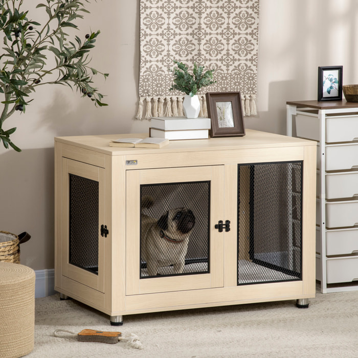 Jaula para Perros Grandes Estilo Mueble Casa para Perros 94x60x71,5 cm Mesa Auxiliar con 2 Puertas de Pestillo Cojín de Tela Oxford y Rejillas de Acero Roble