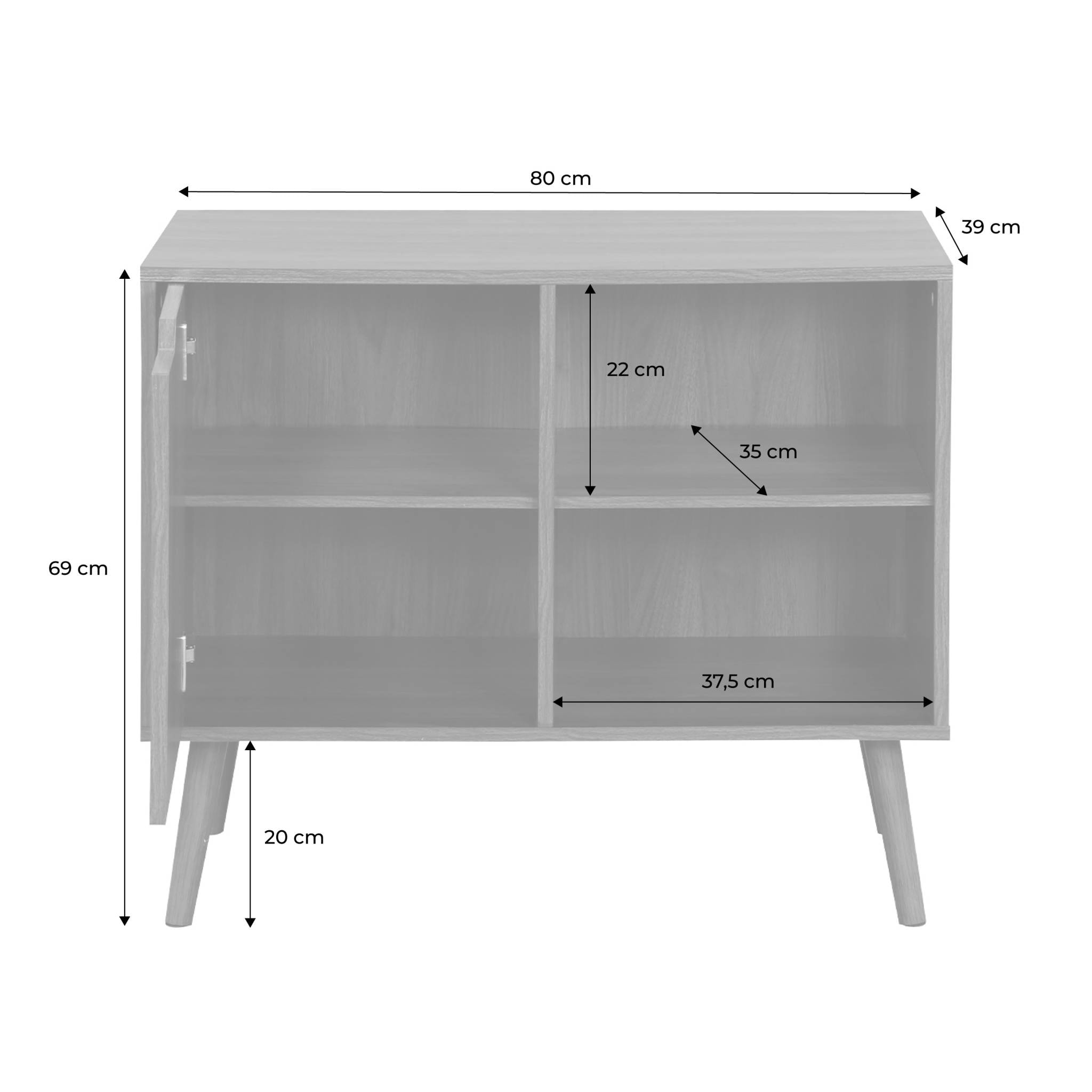 Buffet de rangement effet bois de noyer 1 porte. 2 étagères. buffet bas. 80cm