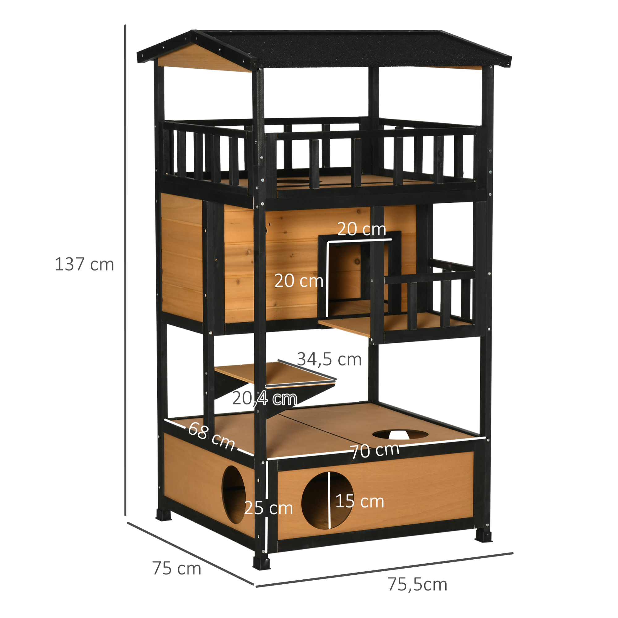 Casa para Gatos de Madera 75,5x75x137 cm Caseta para Gatos Refugio para Gatos con Techo Asfáltico y Plataformas para Interior y Exterior Natural