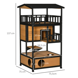 Casa para Gatos de Madera 75,5x75x137 cm Caseta para Gatos Refugio para Gatos con Techo Asfáltico y Plataformas para Interior y Exterior Natural