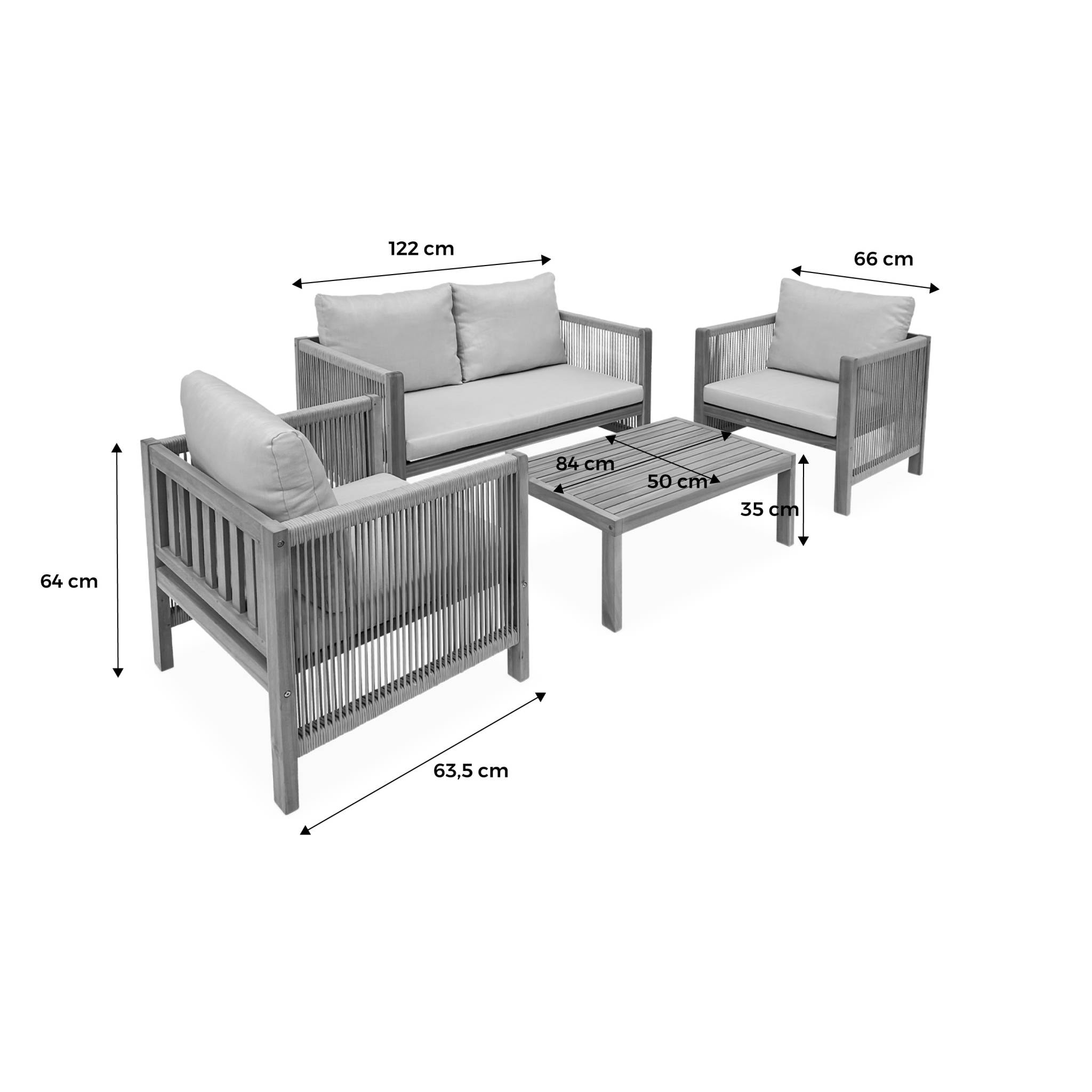 Salon de jardin ALCIRA 4 places en bois d'acacia et cordes beiges et coussins beiges. 1 canapé 2 pl + 2 fauteuils + 1 table basse