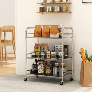 Carrito Auxiliar con Ruedas de Acero Inoxidable, Carro de Servicio de 3 Niveles con Estante Ajustable, 2 Ruedas con Freno, Carrito para Cocina, Restaurante, Hotel, 60x35x77 cm, Plata